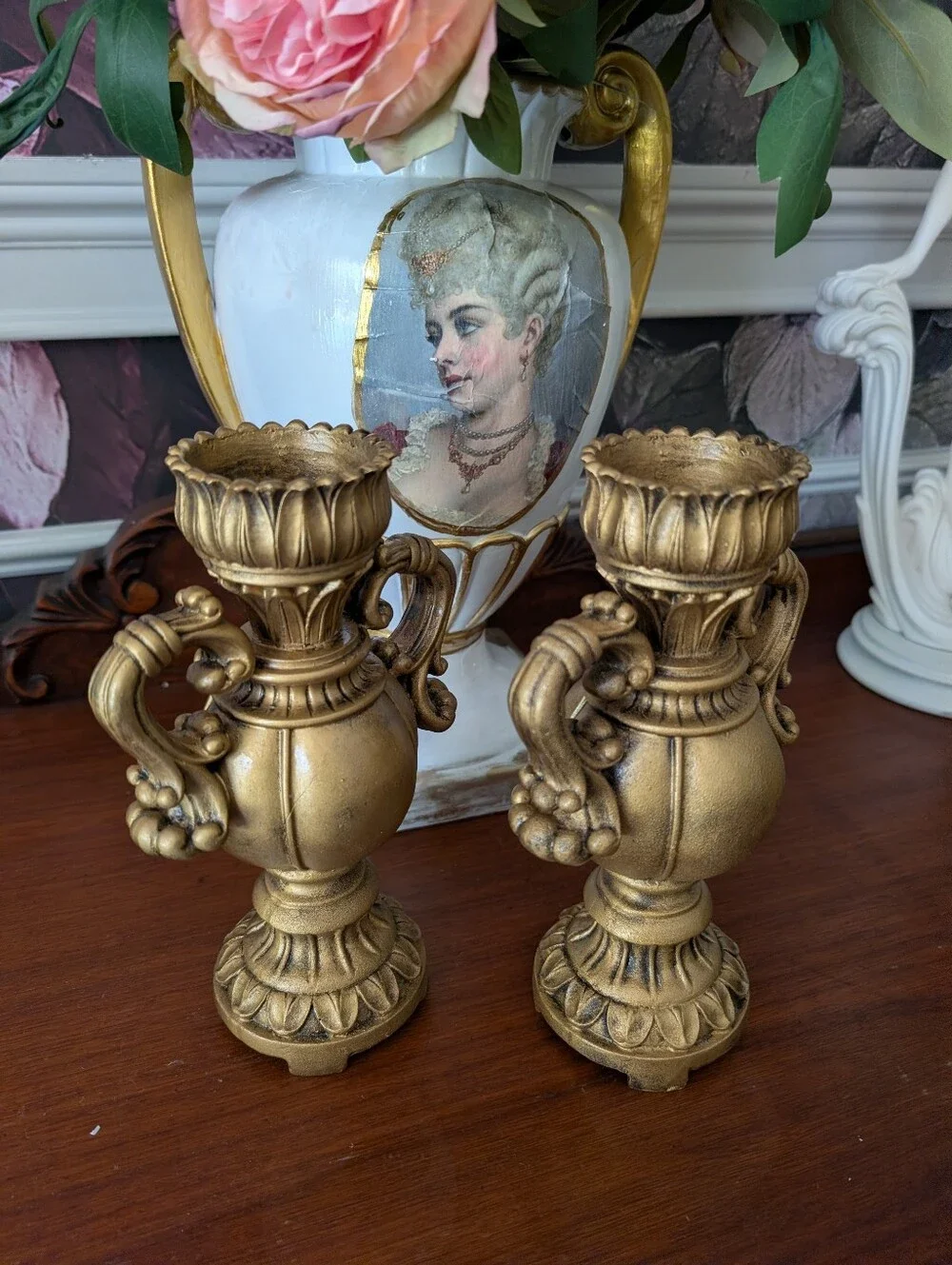 Vintage, set of 2,  rococo-style gold-gilt resin mix candle holders, urn shape